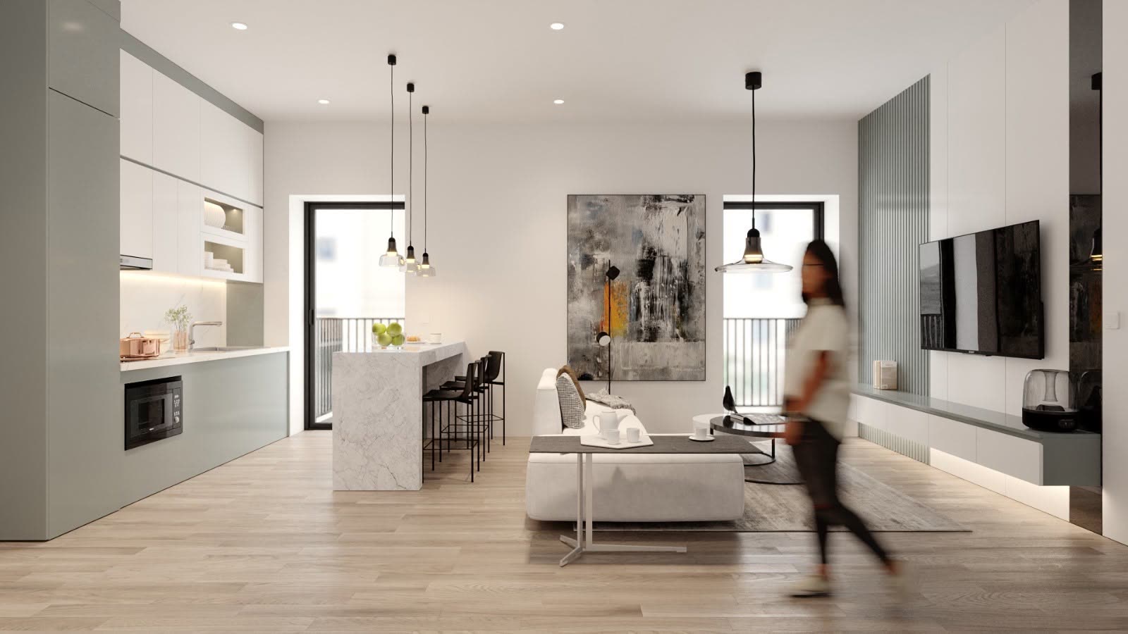 Sala e cozinha em conceito aberto, paleta neutra