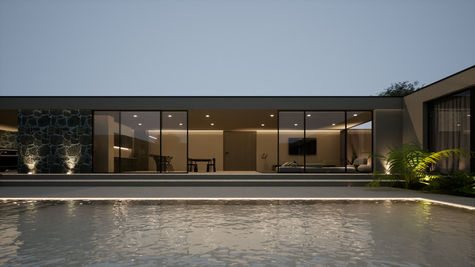 Render de moradia com piscina ao anoitecer