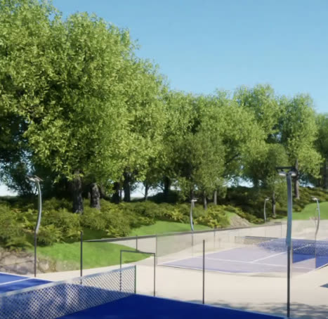 Render de campos de padel entre árvores