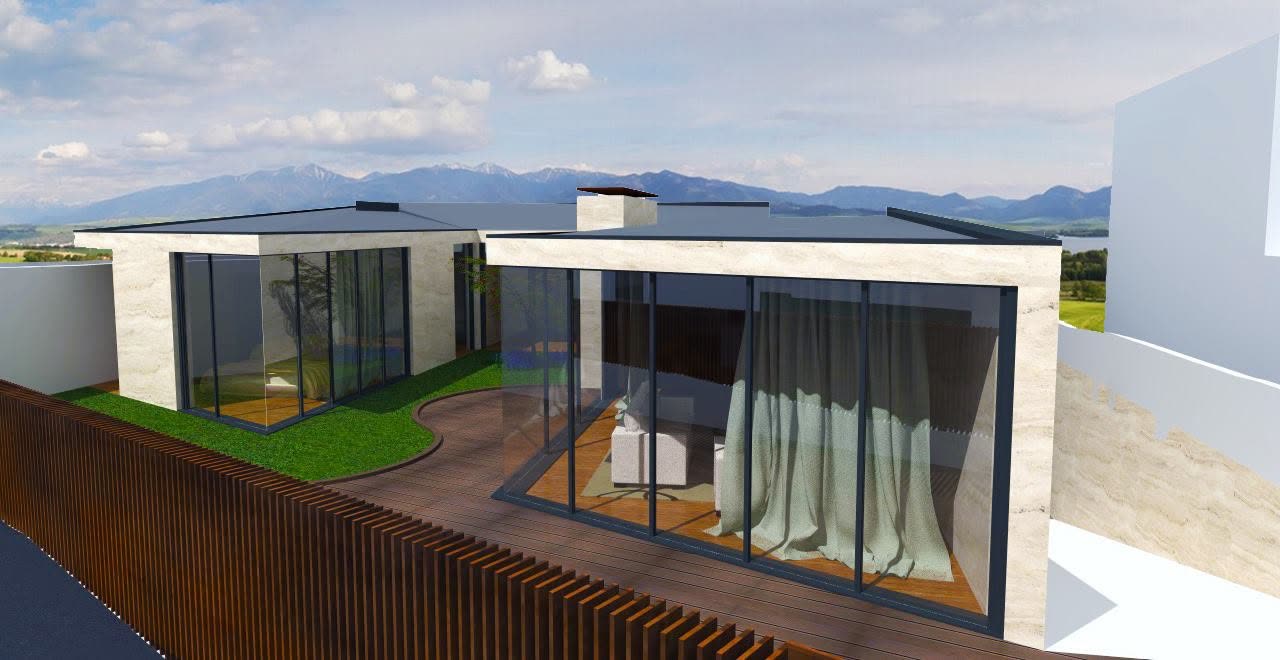 Render de casa branca com serra ao fundo